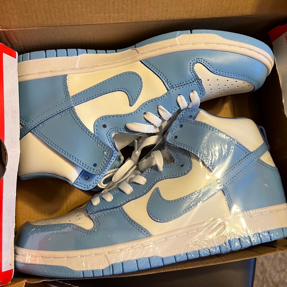 Sky blue and white Nike high dunks
